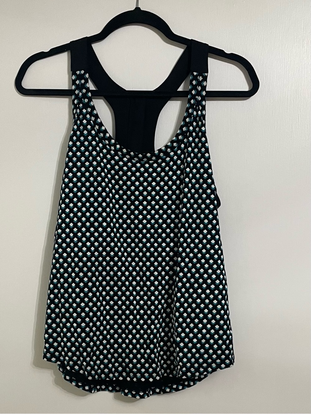 Banana Republic Black Racerback Tank with Teal and White Geometric Print